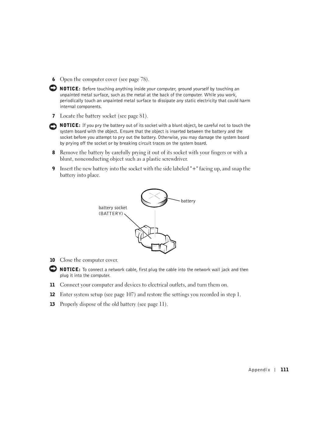 Dell 8300 manual Battery Battery socket Battery, Appendix 111 