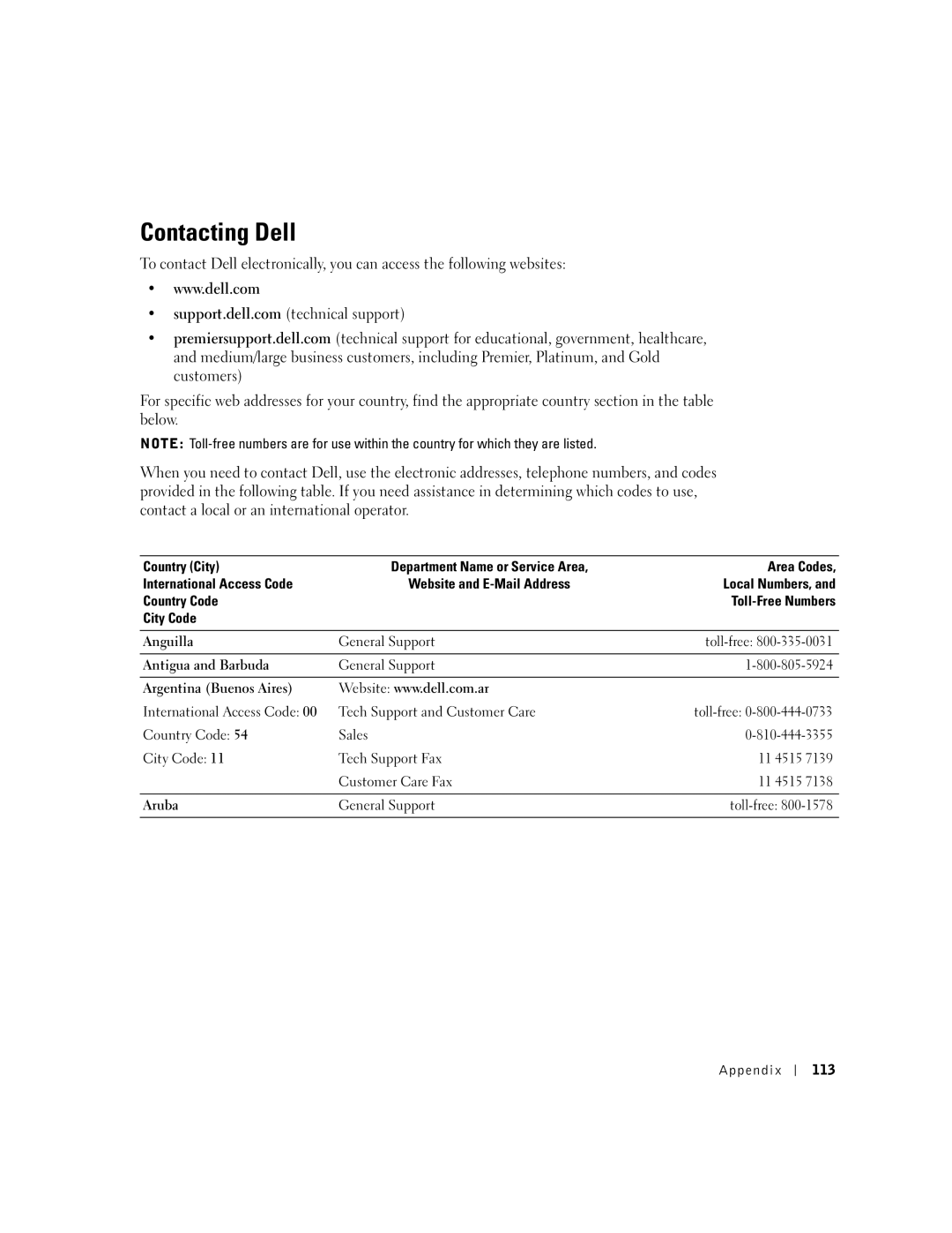 Dell 8300 manual General Support, International Access Code Tech Support and Customer Care, Customer Care Fax, Appendix 113 