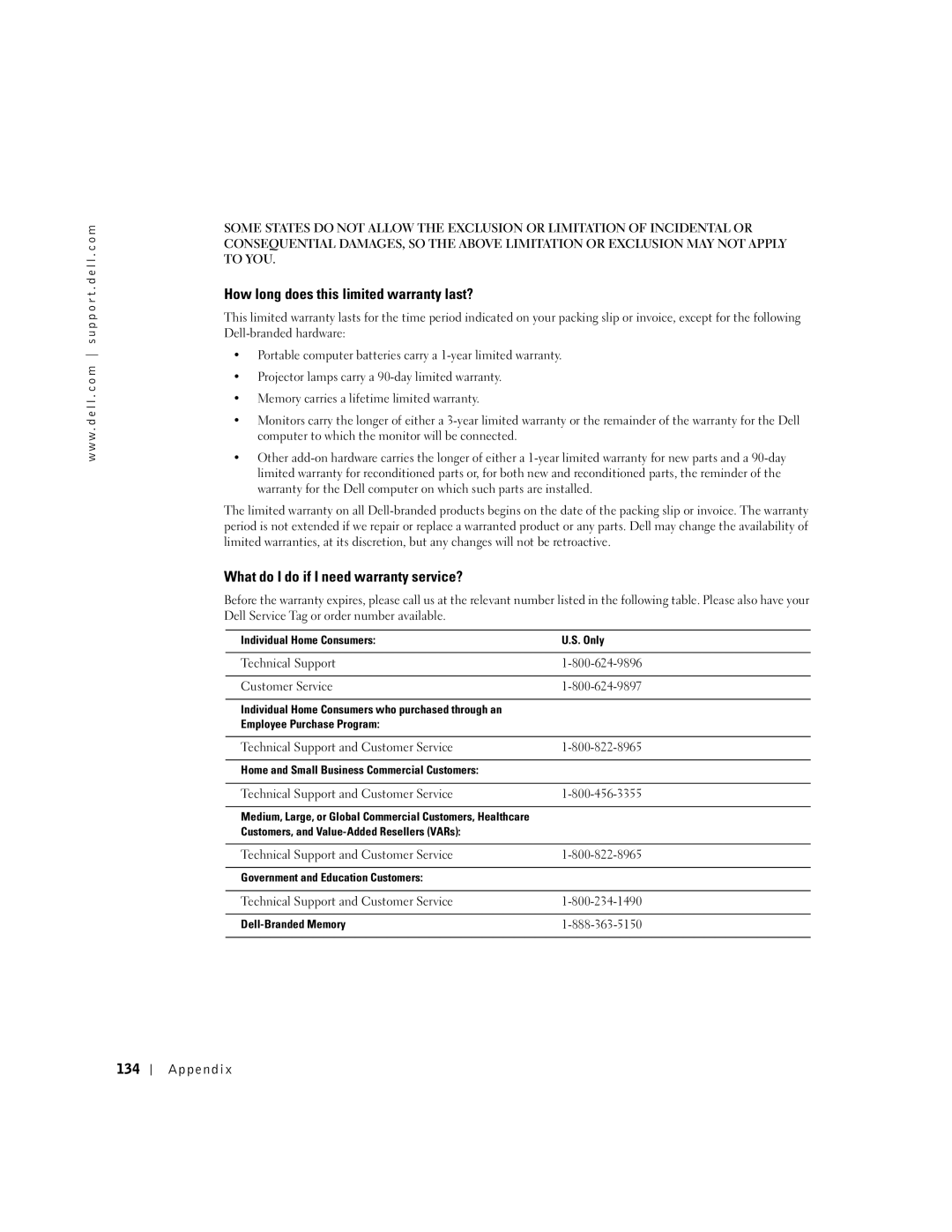 Dell 8300 manual How long does this limited warranty last?, Appendix 