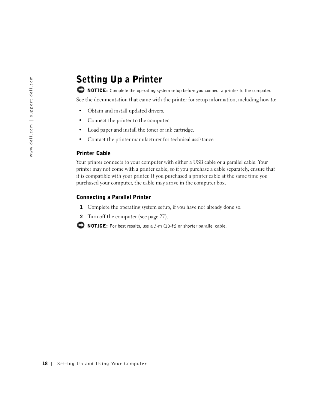 Dell 8300 manual Setting Up a Printer, Printer Cable, Connecting a Parallel Printer, Setting Up and Using Your Computer 