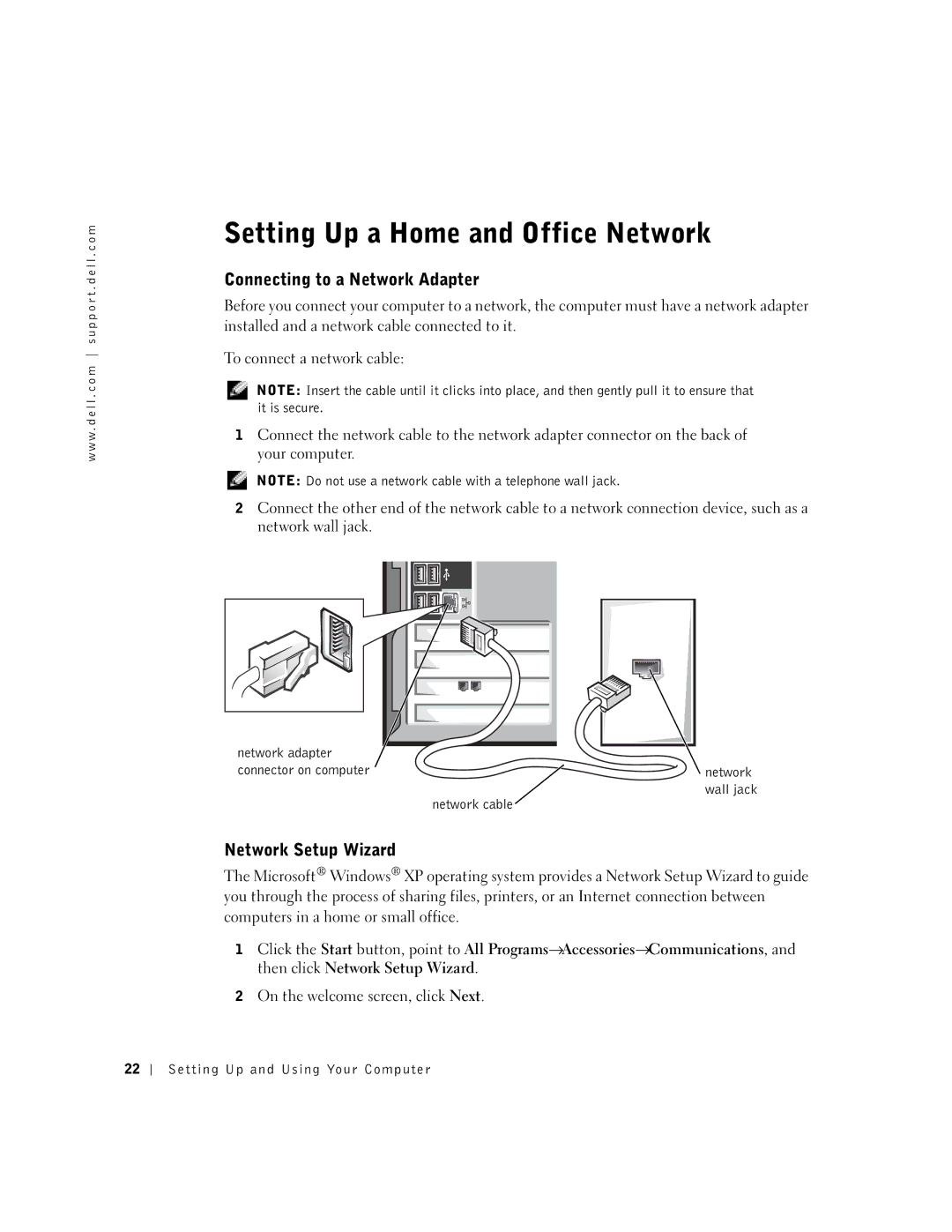 Dell 8300 manual Setting Up a Home and Office Network, Connecting to a Network Adapter, Network Setup Wizard 