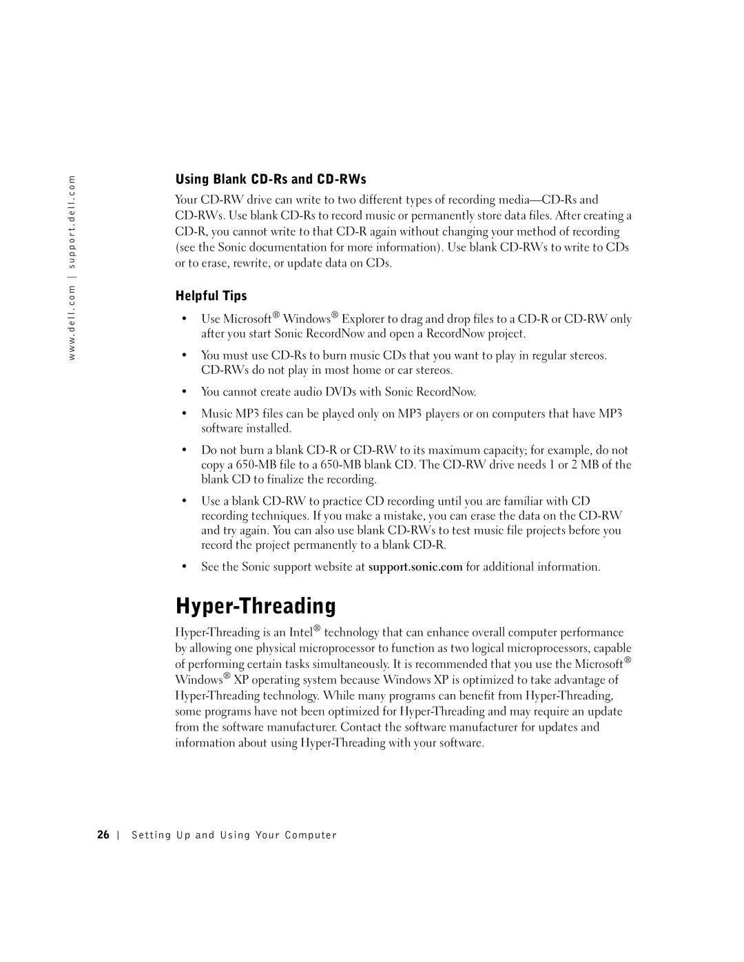 Dell 8300 manual Hyper-Threading, Using Blank CD-Rs and CD-RWs, Helpful Tips 