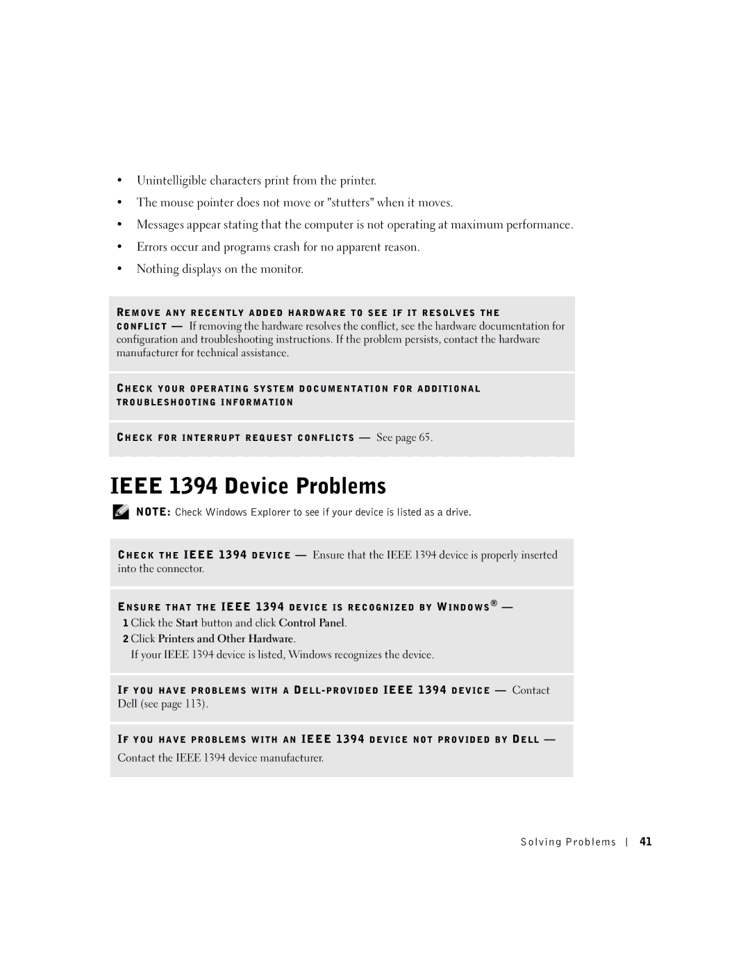 Dell 8300 manual Ieee 1394 Device Problems, Contact the Ieee 1394 device manufacturer Solving Problems 