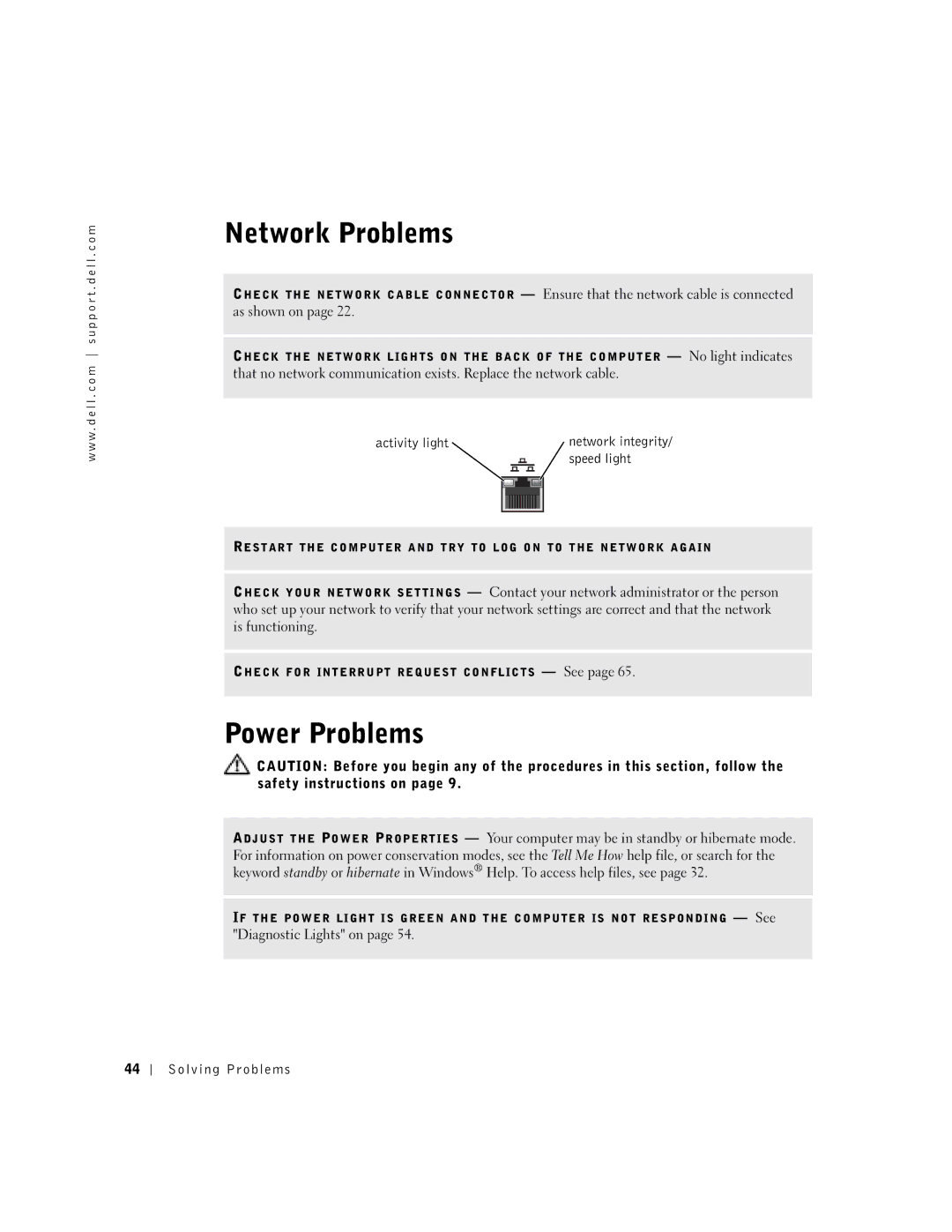 Dell 8300 manual Network Problems, Power Problems, Activity light, Speed light 