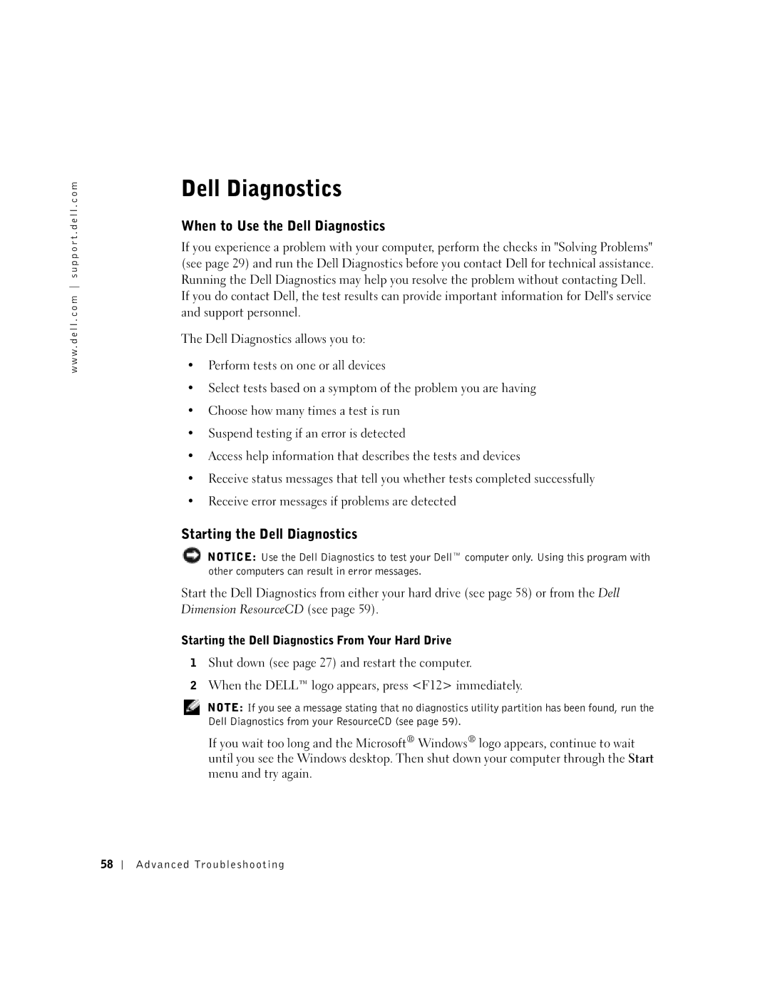 Dell 8300 manual When to Use the Dell Diagnostics, Starting the Dell Diagnostics 