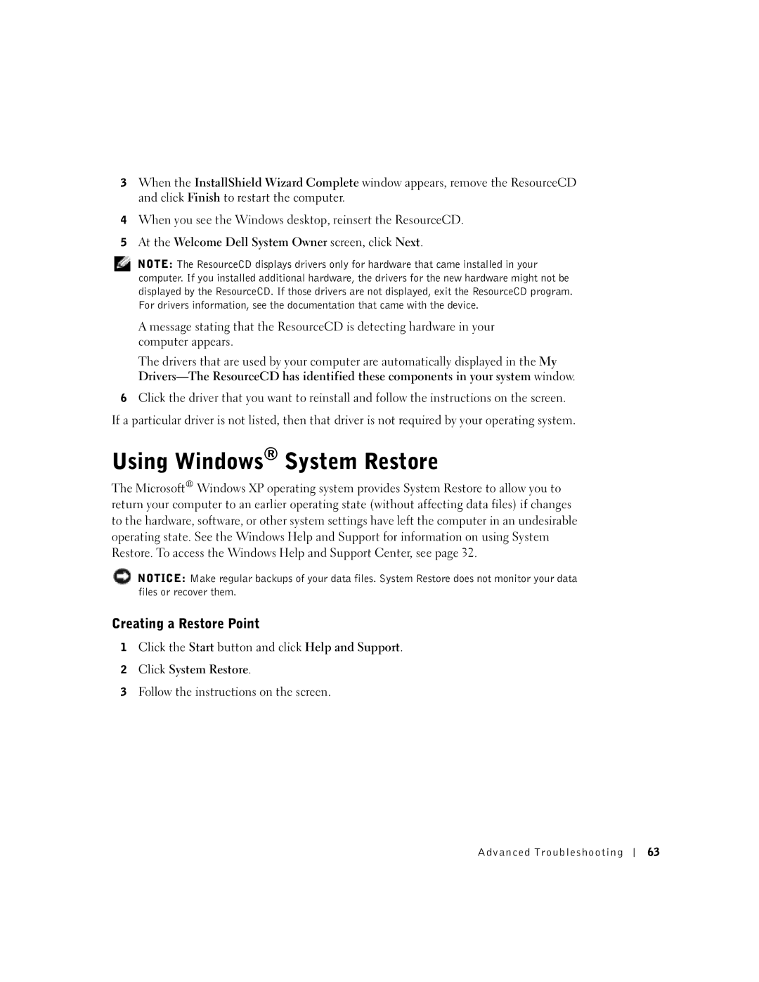 Dell 8300 manual Using Windows System Restore, Creating a Restore Point 