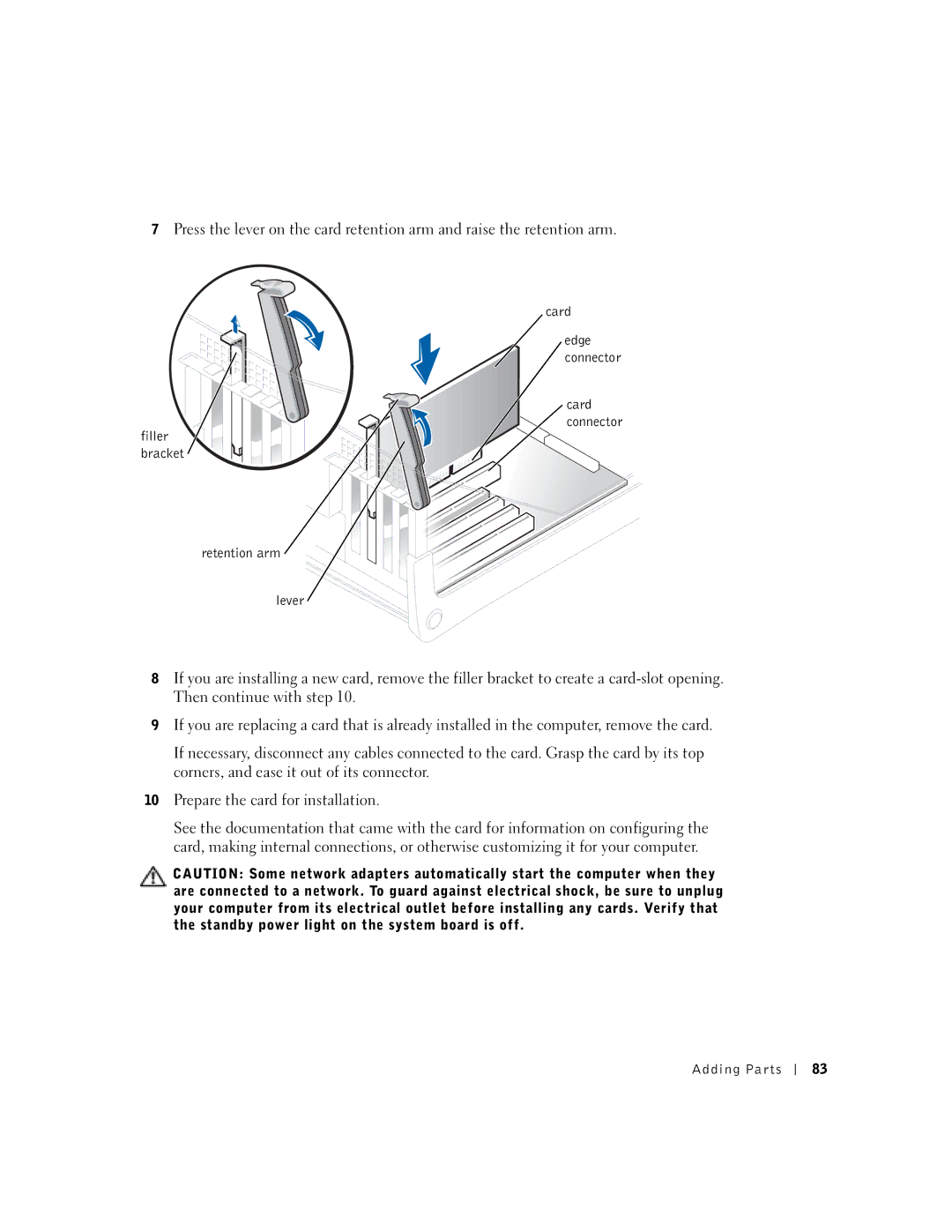 Dell 8300 manual Filler bracket Card Edge connector, Retention arm Lever 
