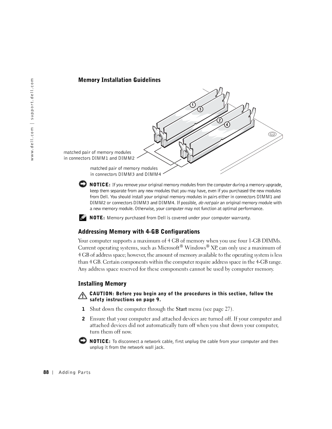 Dell 8300 manual Memory Installation Guidelines, Addressing Memory with 4-GB Configurations, Installing Memory 