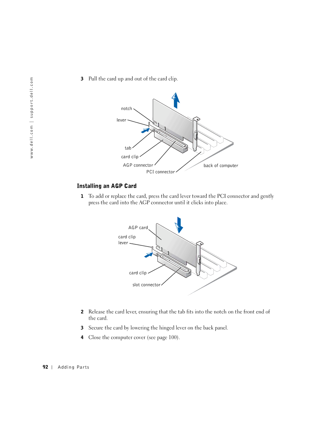 Dell 8300 manual Installing an AGP Card, Notch Lever Tab Card clip AGP connector, PCI connector 
