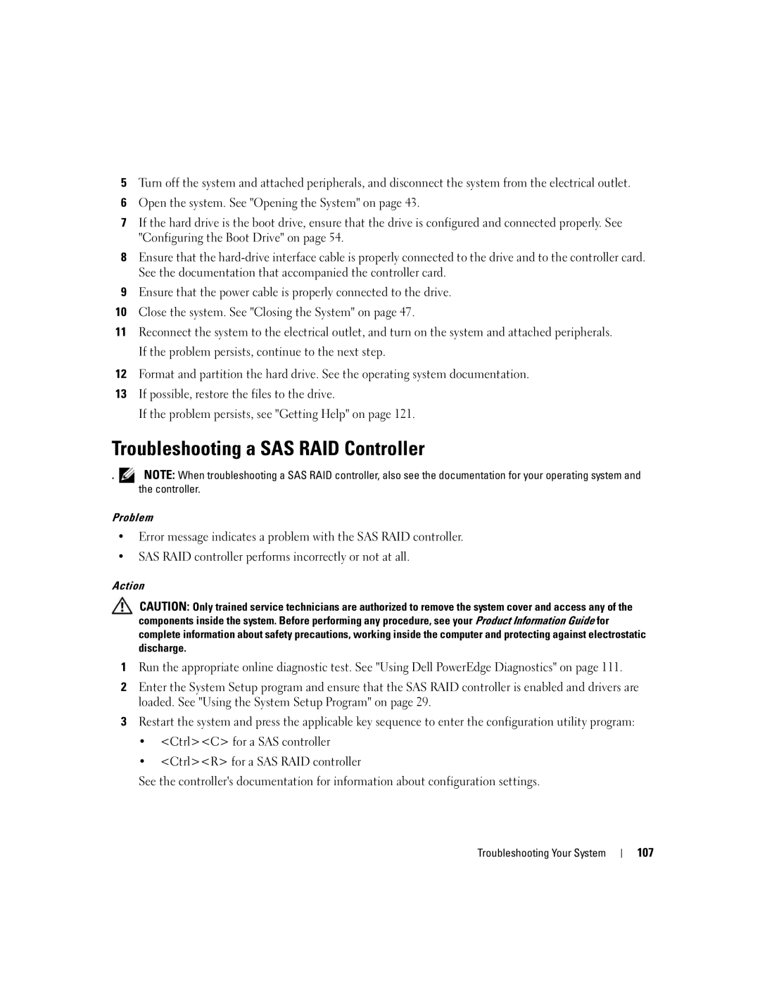 Dell 840 manual Troubleshooting a SAS RAID Controller, 107 