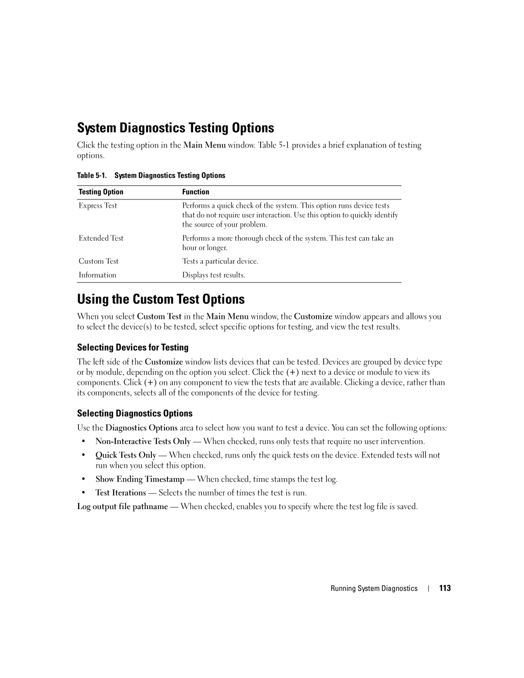 Dell 840 manual System Diagnostics Testing Options, Using the Custom Test Options, Selecting Devices for Testing, 113 