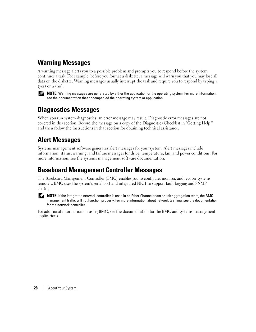 Dell 840 manual Diagnostics Messages, Alert Messages, Baseboard Management Controller Messages 