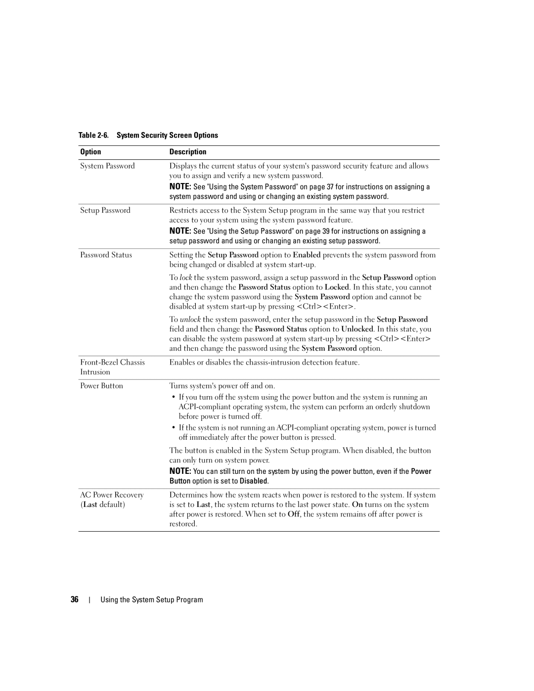 Dell 840 manual System Security Screen Options Description System Password, You to assign and verify a new system password 