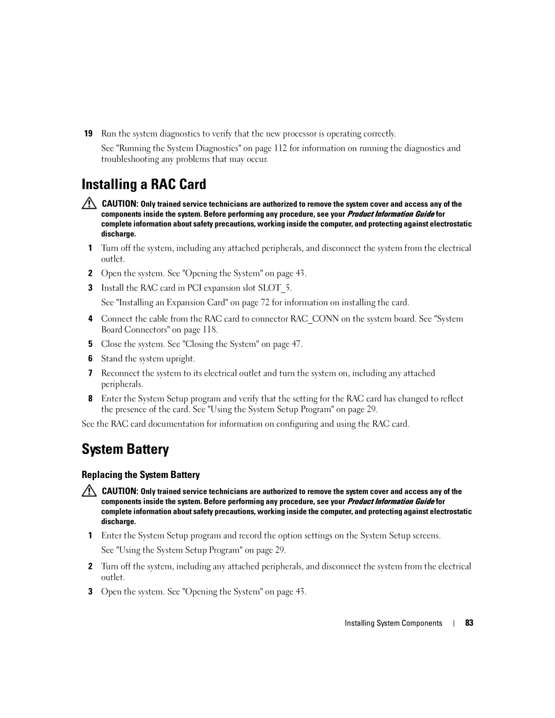 Dell 840 manual Installing a RAC Card, Replacing the System Battery 
