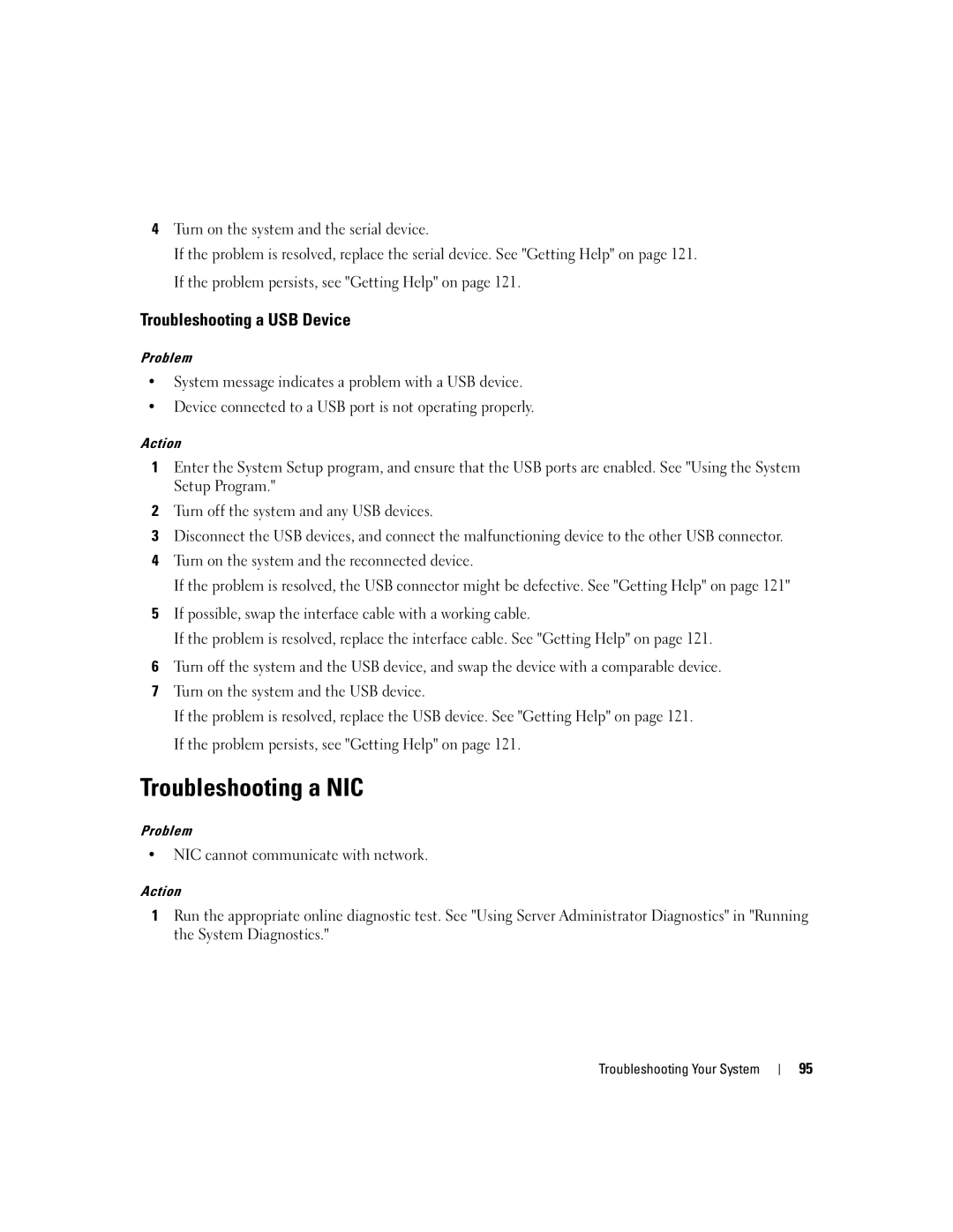 Dell 840 manual Troubleshooting a NIC, Troubleshooting a USB Device, NIC cannot communicate with network 