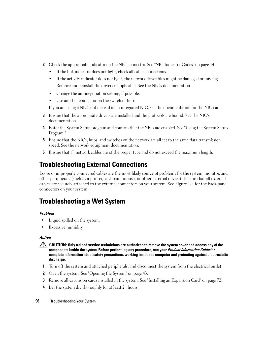 Dell 840 manual Troubleshooting External Connections, Troubleshooting a Wet System 