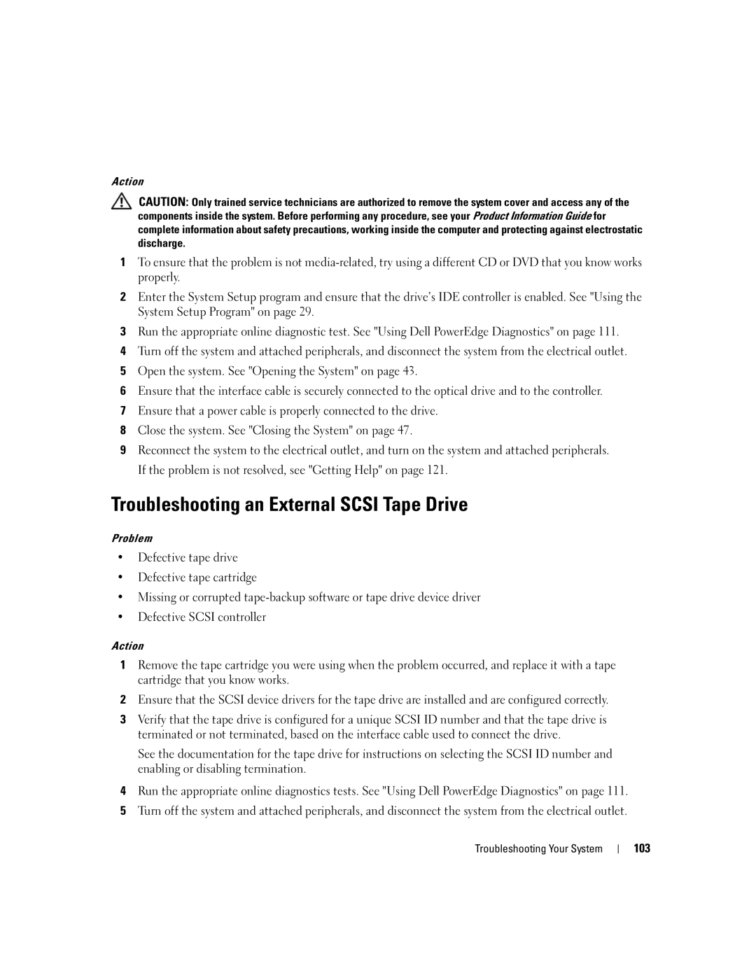 Dell 840 manual Troubleshooting an External Scsi Tape Drive, 103 