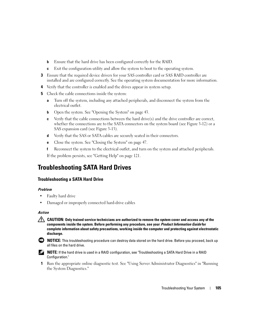 Dell 840 manual Troubleshooting Sata Hard Drives, Troubleshooting a Sata Hard Drive, 105 