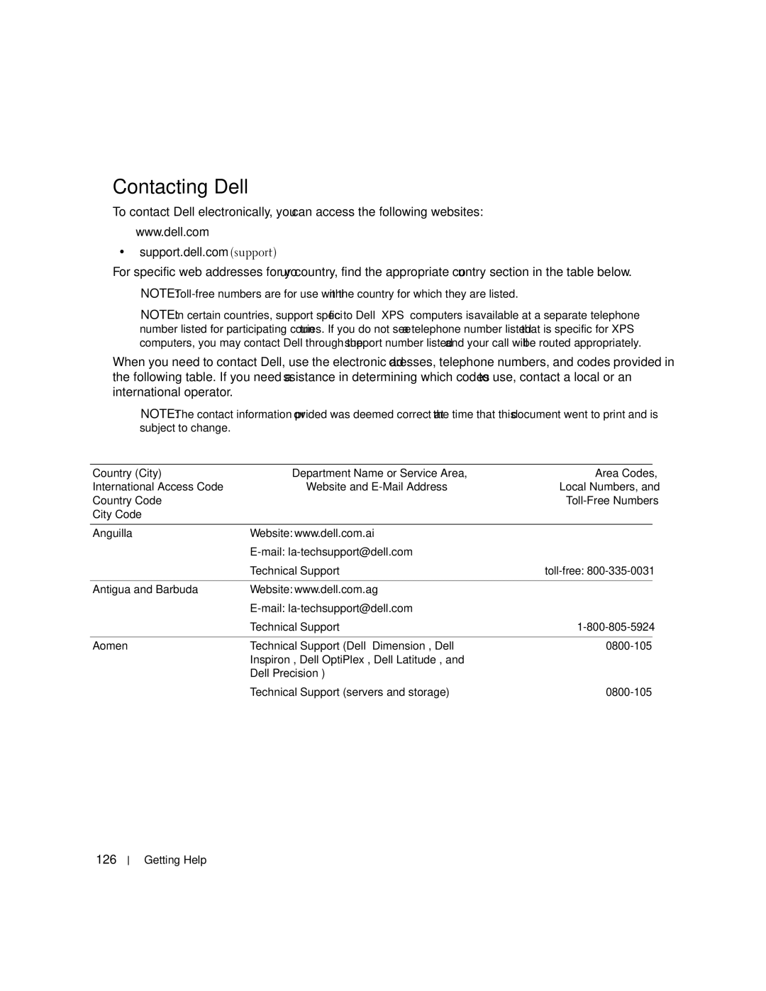 Dell 840 manual Contacting Dell, 126, Mail la-techsupport@dell.com Technical Support Toll-free 