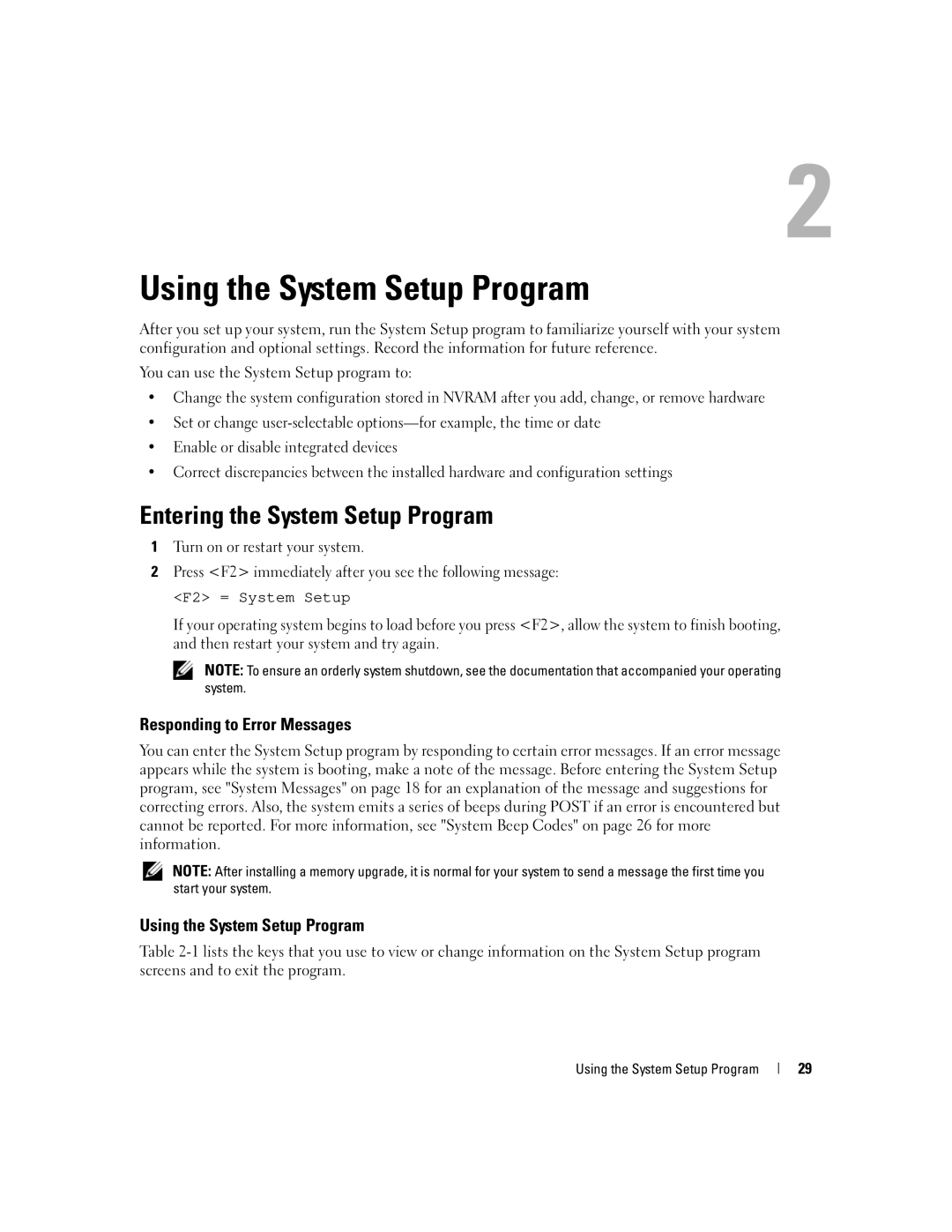 Dell 840 manual Entering the System Setup Program, Responding to Error Messages, Using the System Setup Program 