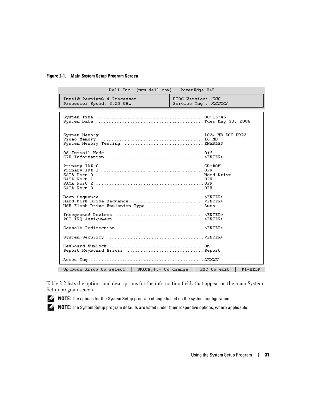 Dell 840 manual Main System Setup Program Screen 