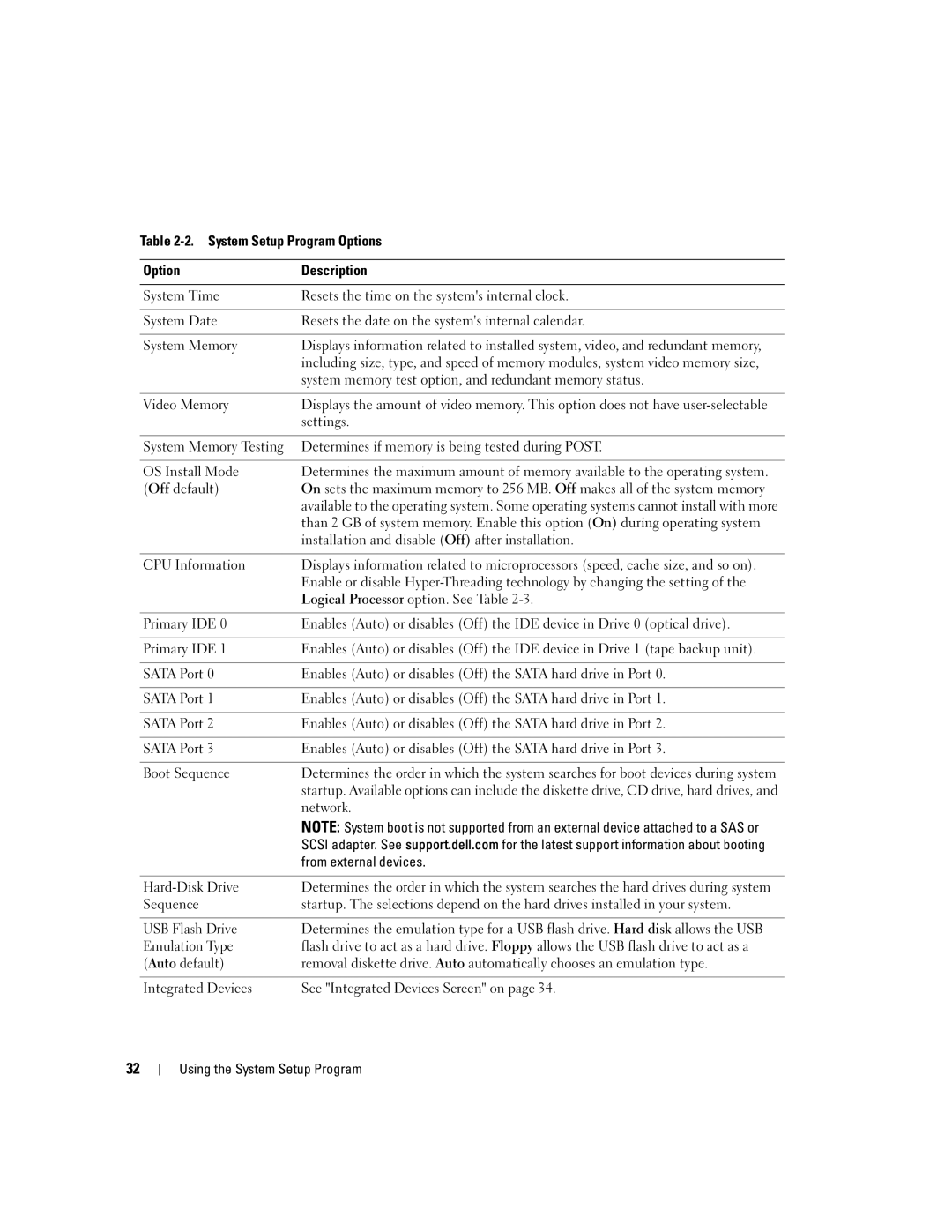 Dell 840 System memory test option, and redundant memory status, Video Memory, Settings, Off default, CPU Information 