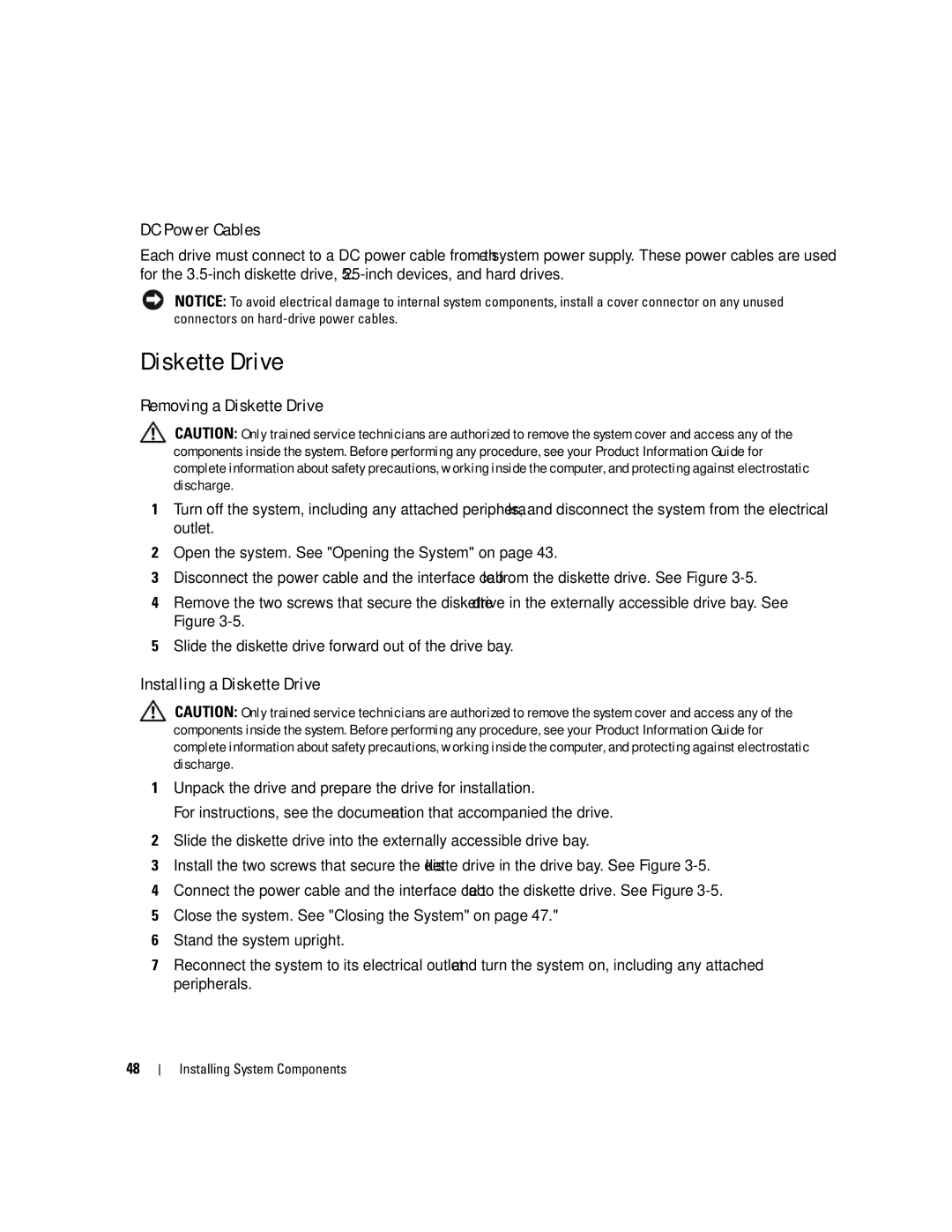 Dell 840 manual DC Power Cables, Removing a Diskette Drive, Installing a Diskette Drive 
