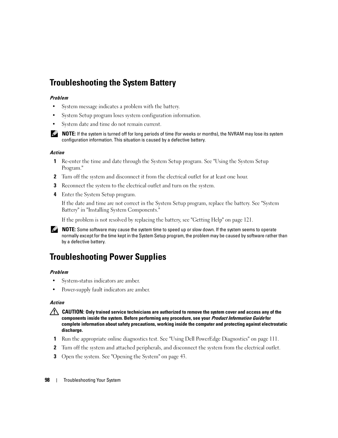 Dell 840 manual Troubleshooting the System Battery, Troubleshooting Power Supplies 