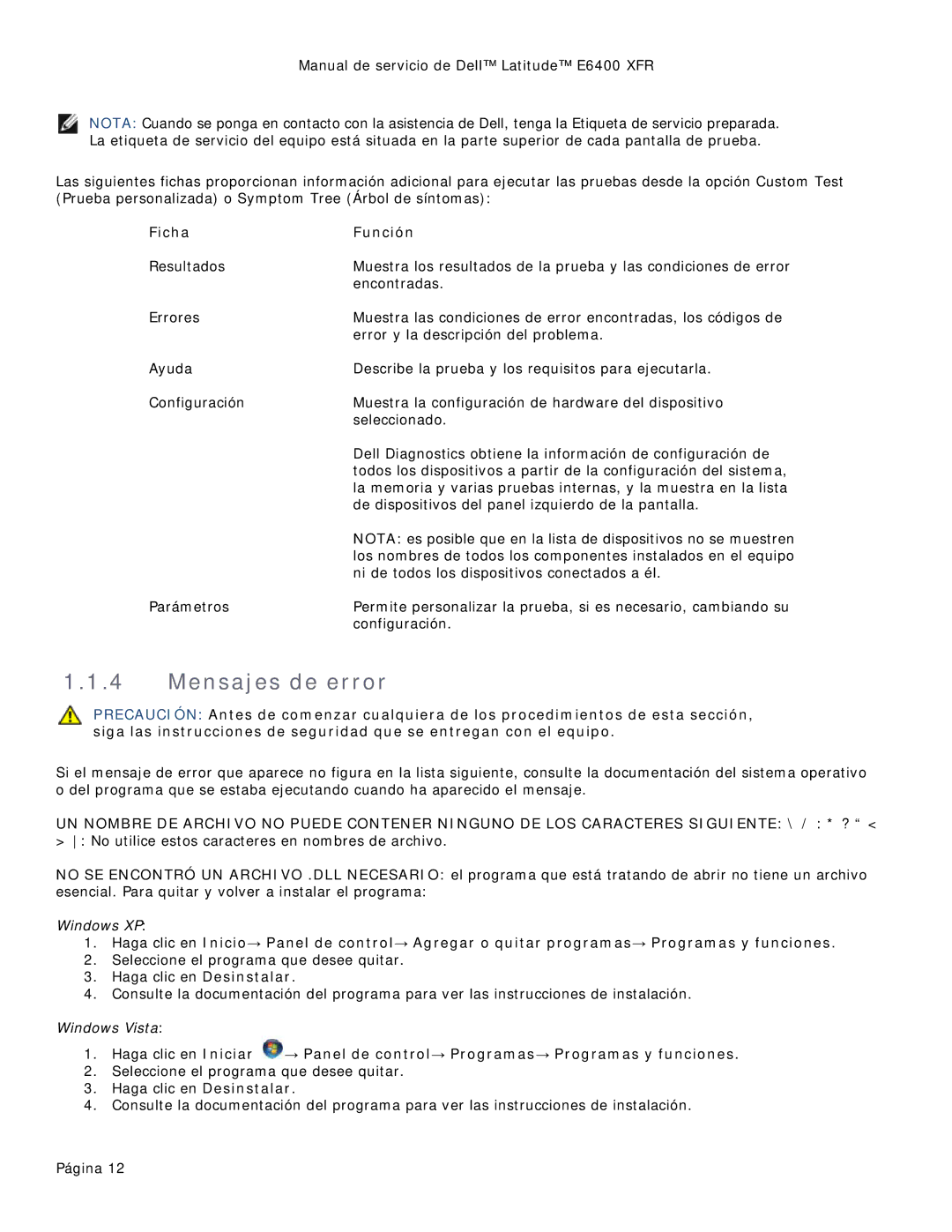 Dell 8400XFR manual Mensajes de error, Ficha Función 