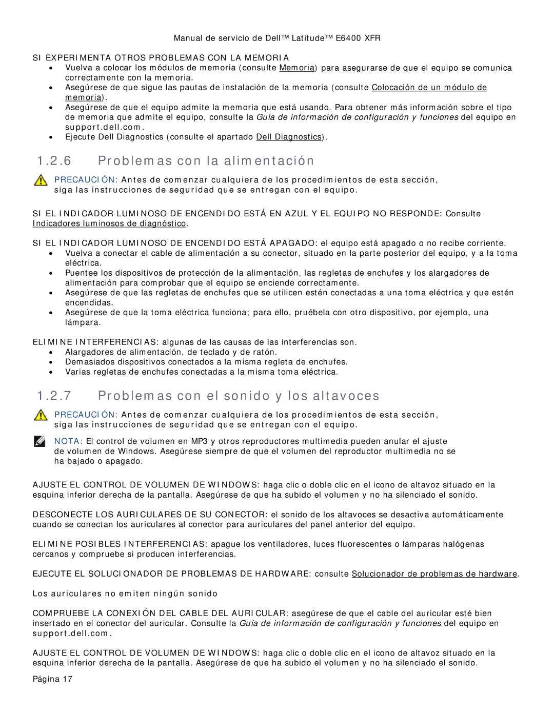 Dell 8400XFR manual Problemas con la alimentación, Problemas con el sonido y los altavoces 