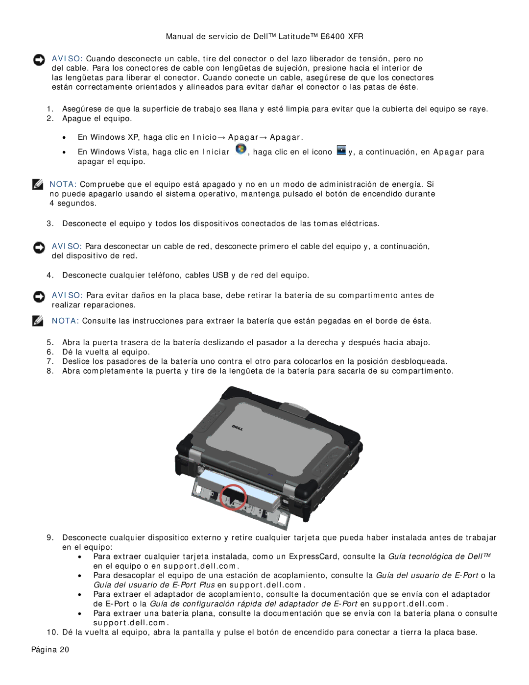 Dell 8400XFR manual Manual de servicio de Dell Latitude E6400 XFR 