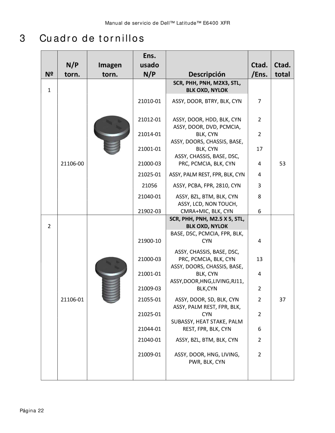 Dell 8400XFR manual Cuadro de tornillos, Ens Imagen Usado Ctad Torn Descripción Total 