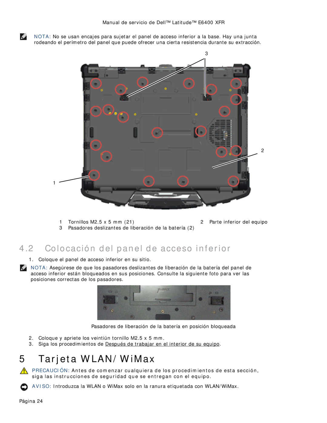 Dell 8400XFR manual Tarjeta WLAN/WiMax, Colocación del panel de acceso inferior 