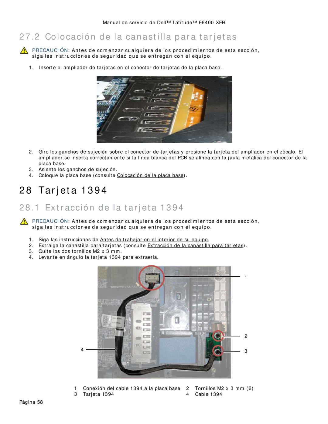 Dell 8400XFR manual Tarjeta, Colocación de la canastilla para tarjetas, Extracción de la tarjeta 