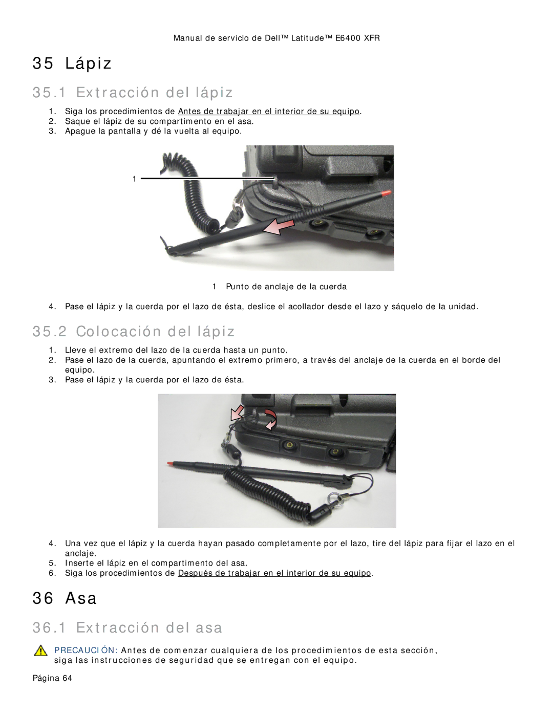 Dell 8400XFR manual 35 Lápiz, 36 Asa, Extracción del lápiz, Colocación del lápiz, Extracción del asa 