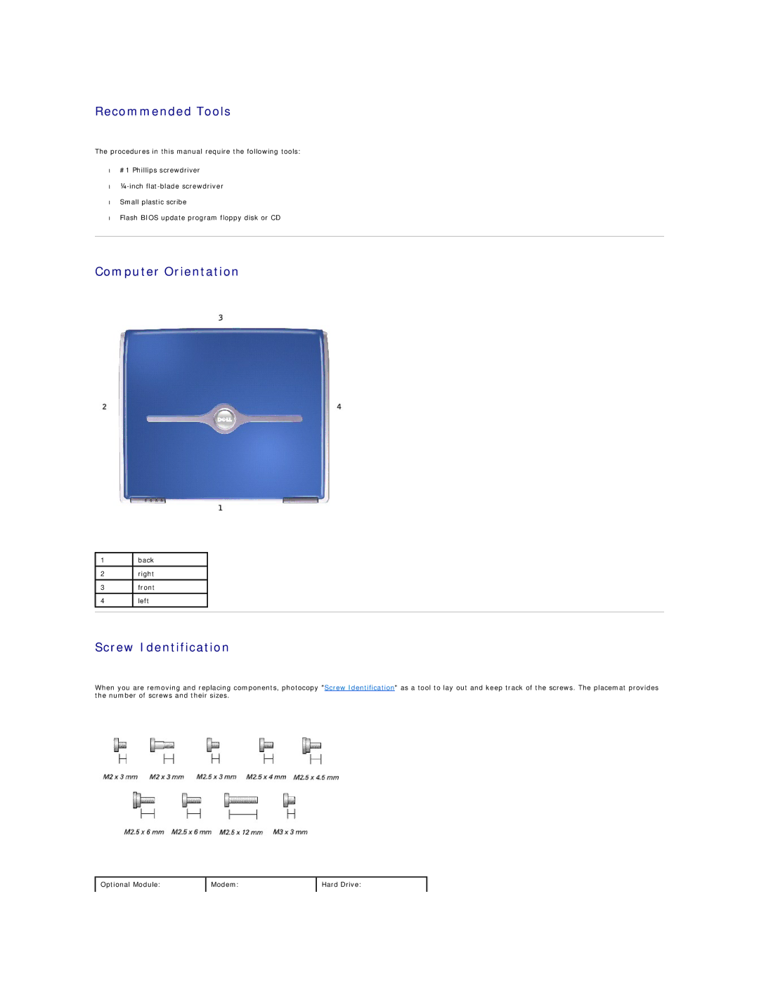 Dell 8500 manual Recommended Tools, Computer Orientation, Screw Identification 