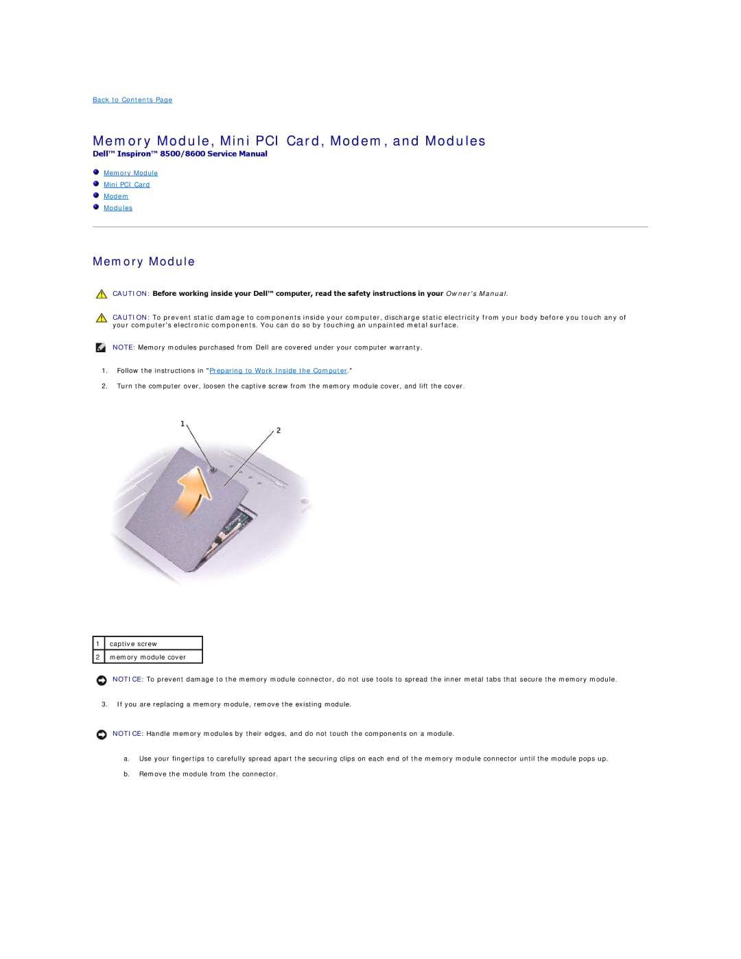 Dell 8500 manual Memory Module, Mini PCI Card, Modem, and Modules 