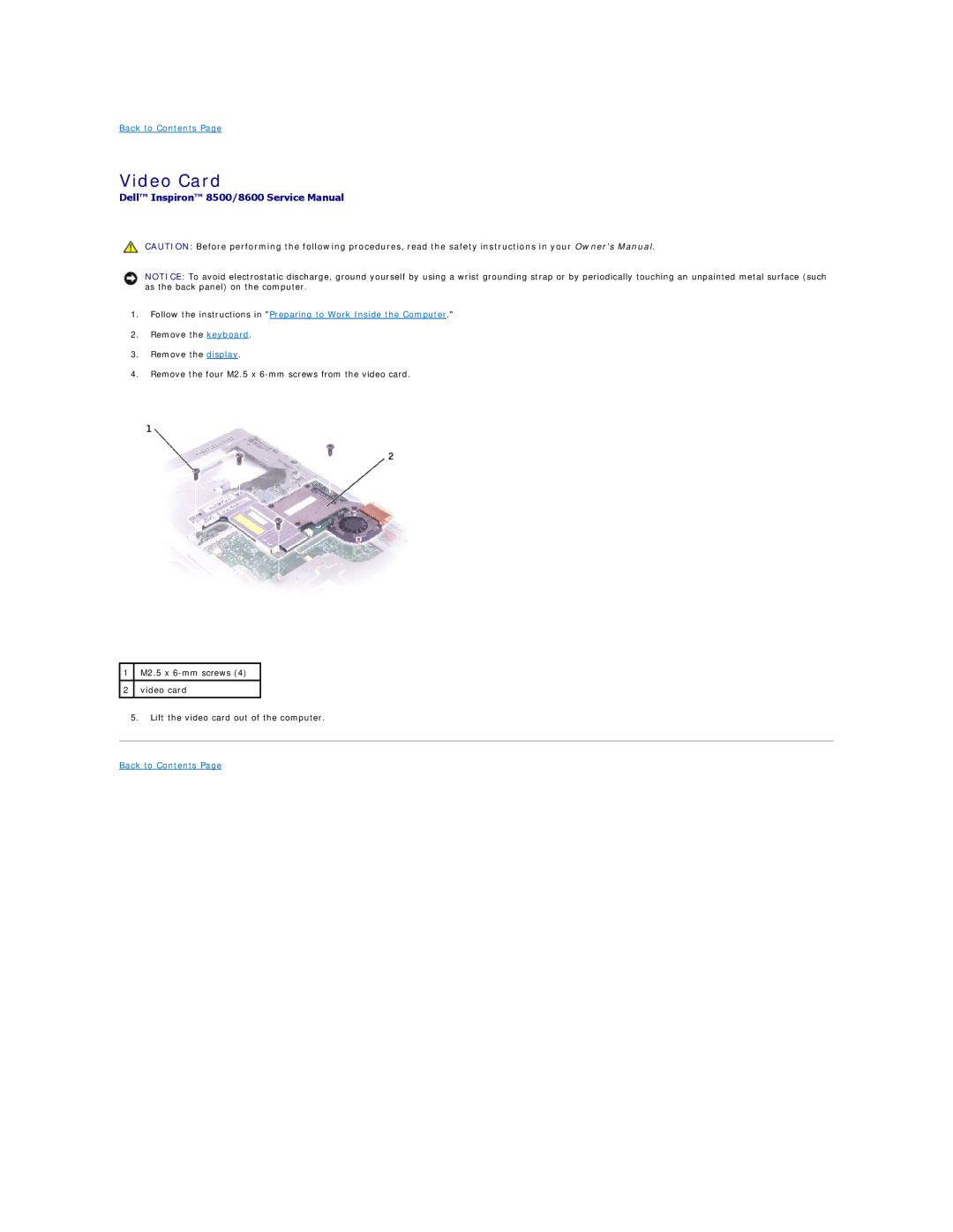 Dell 8500 manual Video Card 