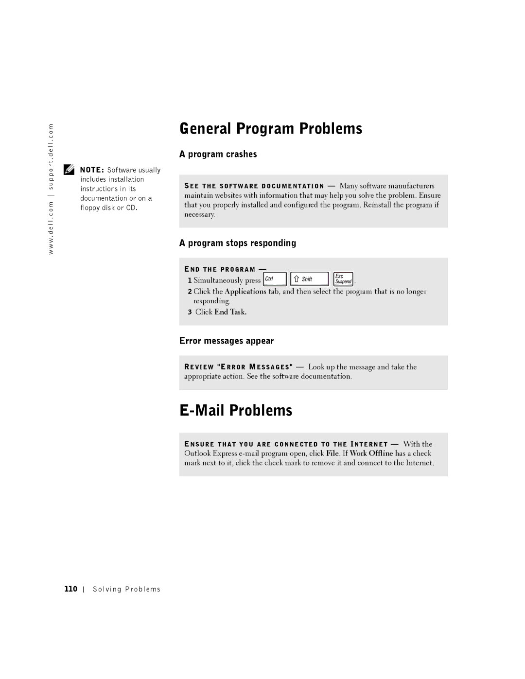 Dell 8500 manual General Program Problems, Mail Problems, Program crashes, Program stops responding, Error messages appear 