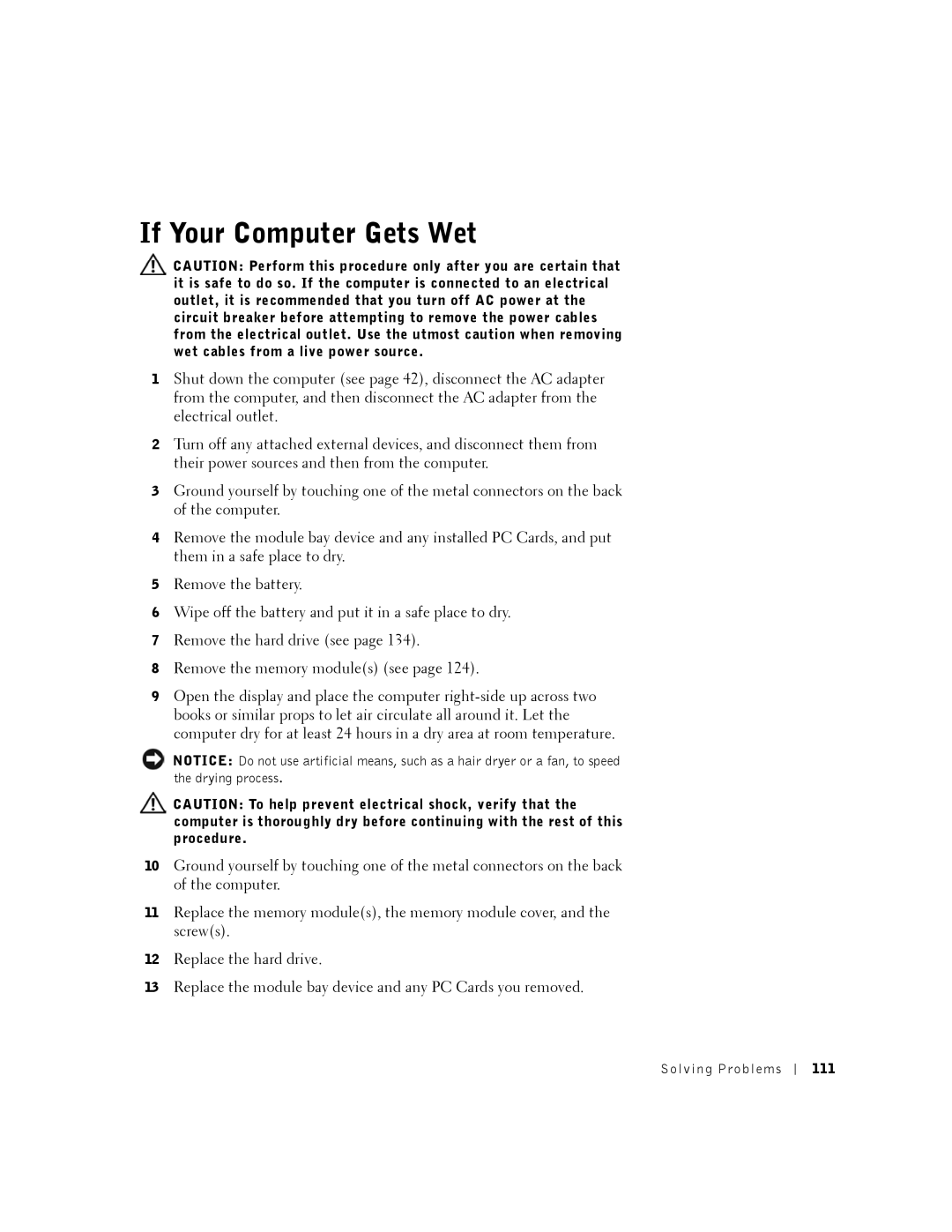 Dell 8500 manual If Your Computer Gets Wet, 111 