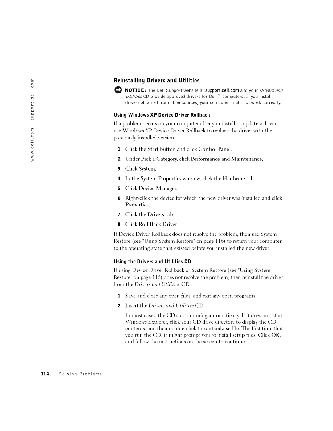 Dell 8500 Reinstalling Drivers and Utilities, Using Windows XP Device Driver Rollback, Using the Drivers and Utilities CD 
