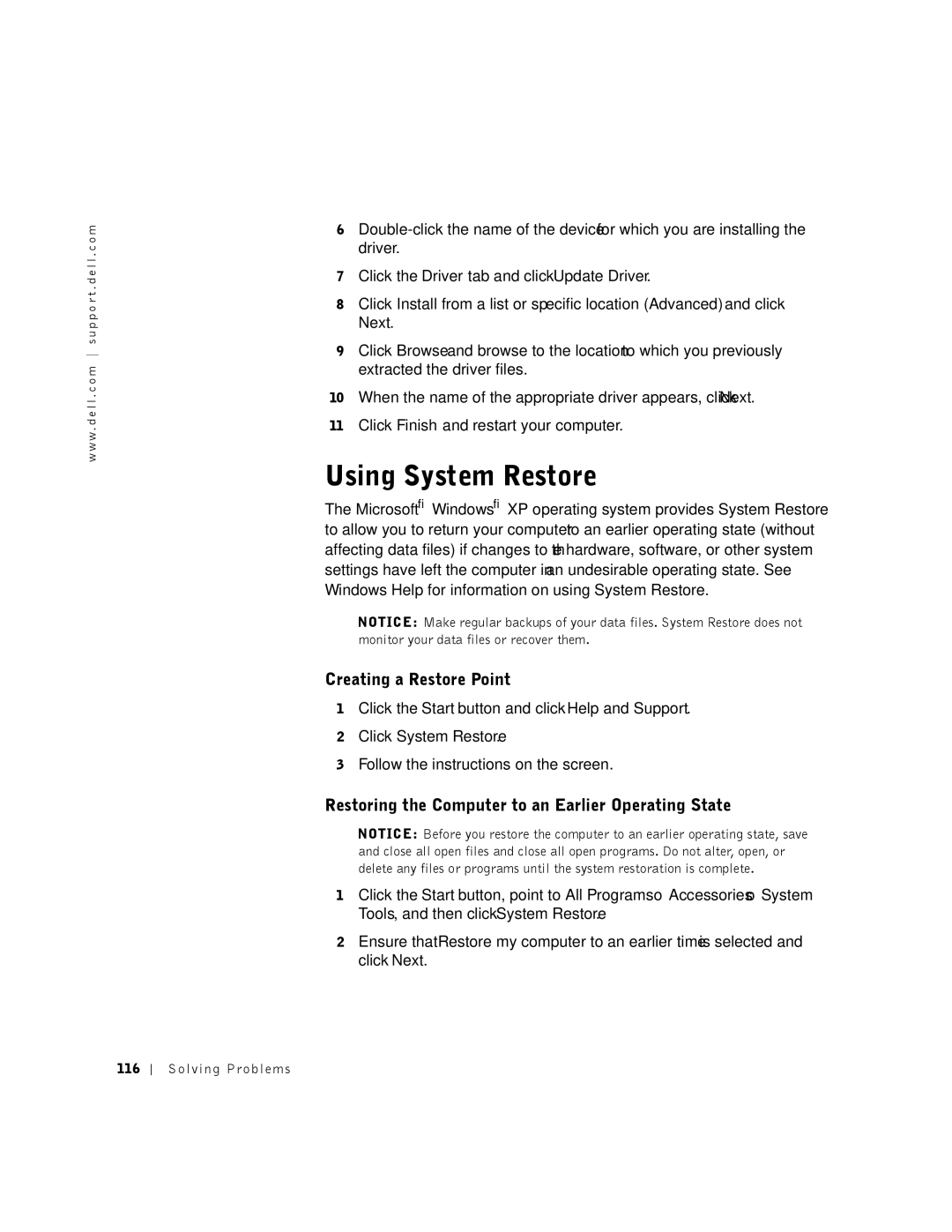 Dell 8500 manual Using System Restore, Creating a Restore Point, Restoring the Computer to an Earlier Operating State 