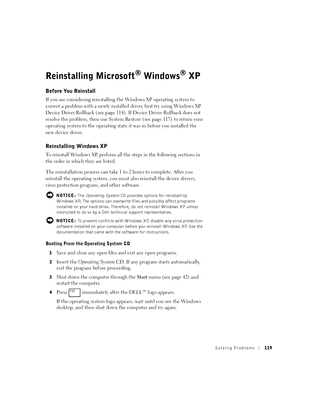 Dell 8500 manual Reinstalling Microsoft Windows XP, Before You Reinstall, Reinstalling Windows XP 