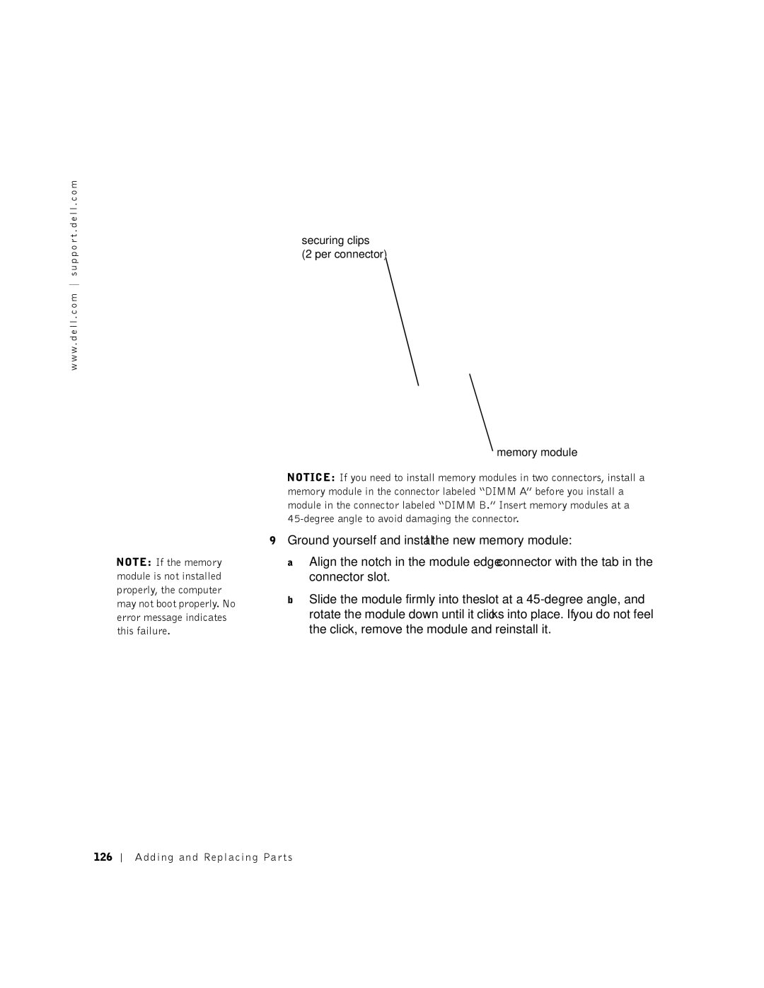 Dell 8500 manual Securing clips Per connector Memory module, 126 