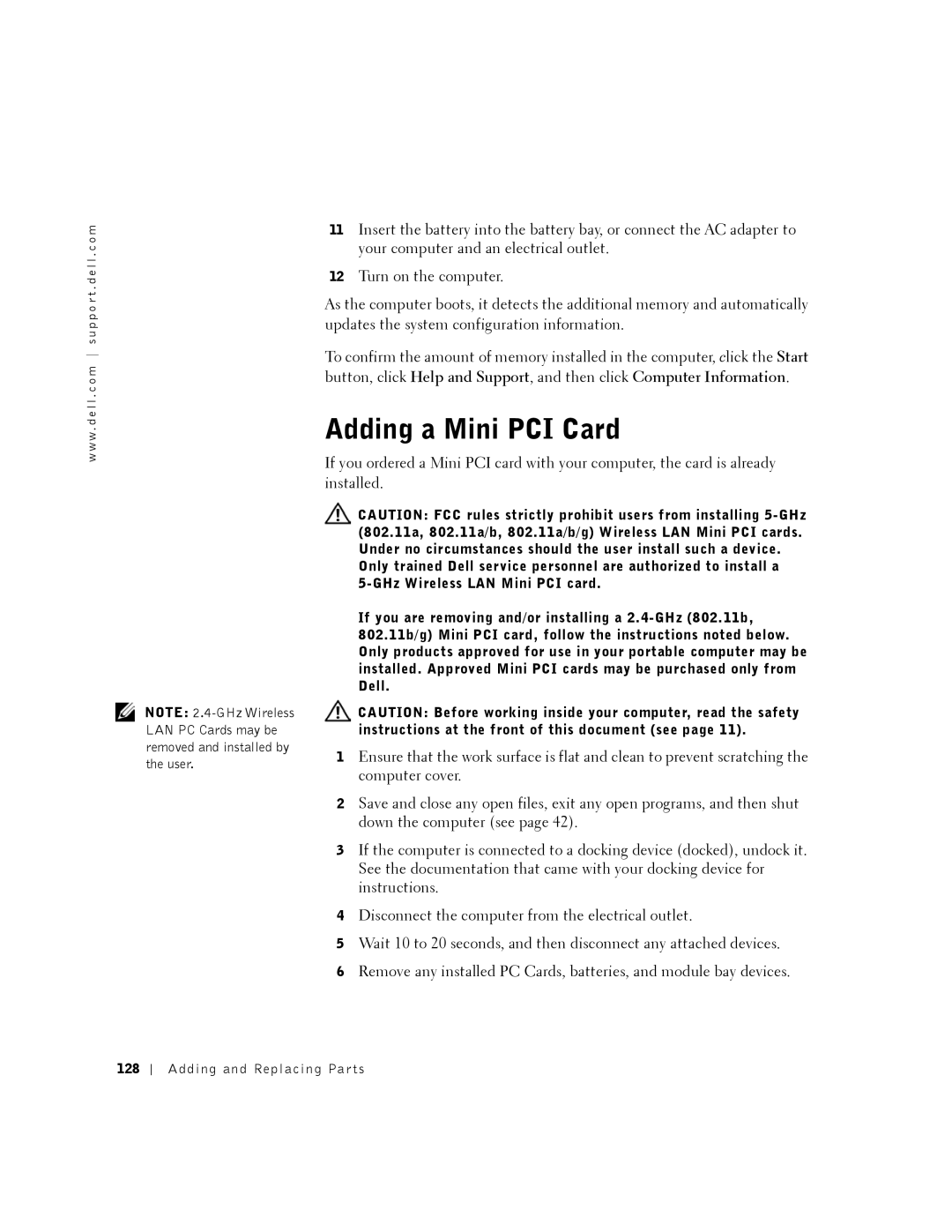 Dell 8500 manual Adding a Mini PCI Card, 128 