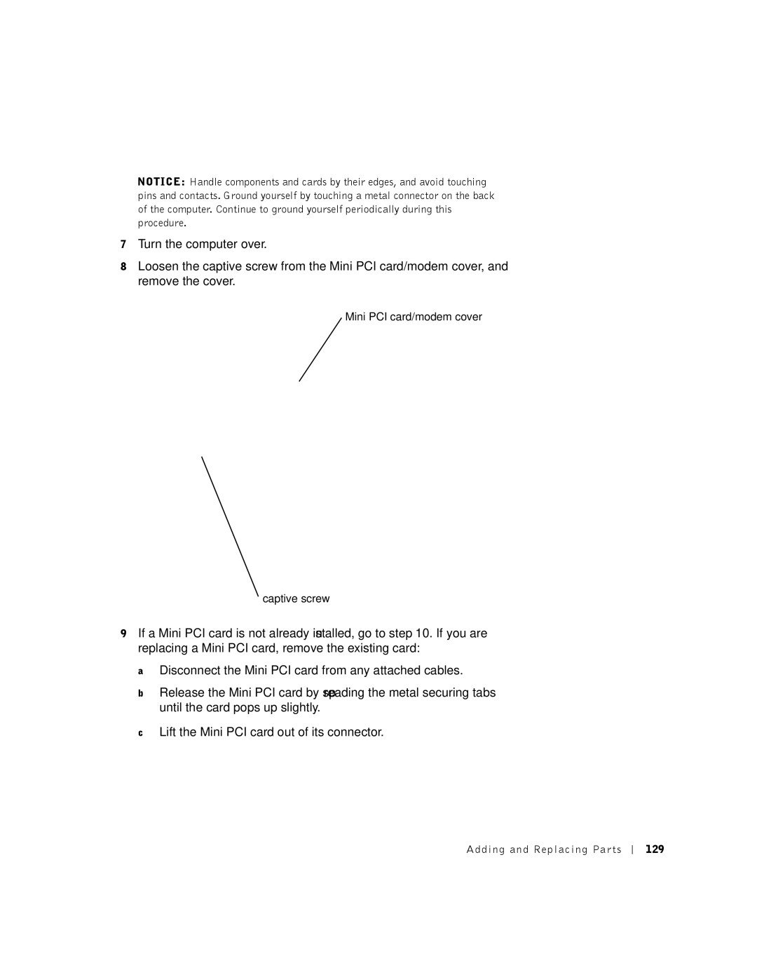 Dell 8500 manual Mini PCI card/modem cover Captive screw, 129 