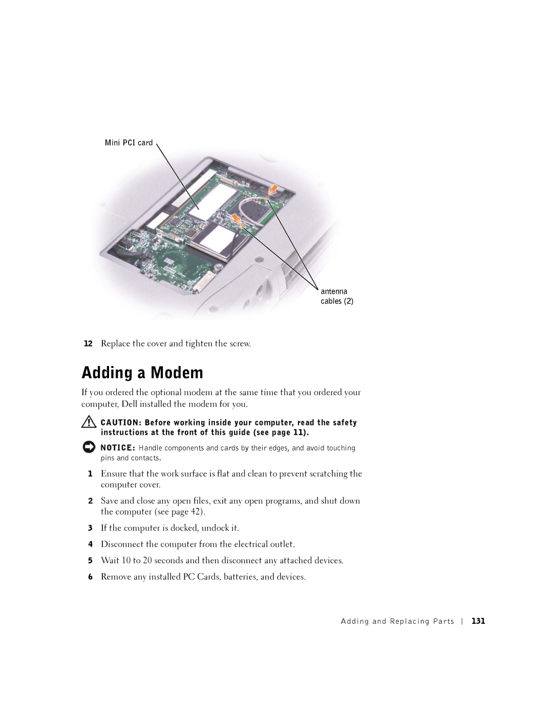 Dell 8500 manual Adding a Modem, 131 