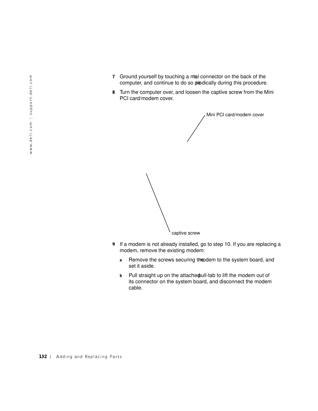Dell 8500 manual Mini PCI card/modem cover Captive screw, 132 