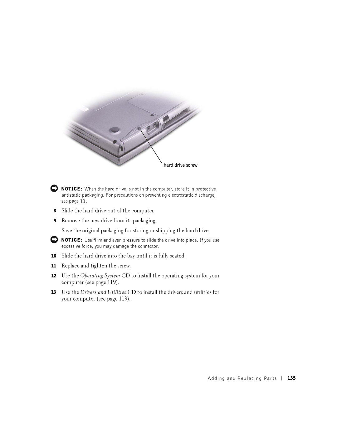 Dell 8500 manual Hard drive screw, 135 