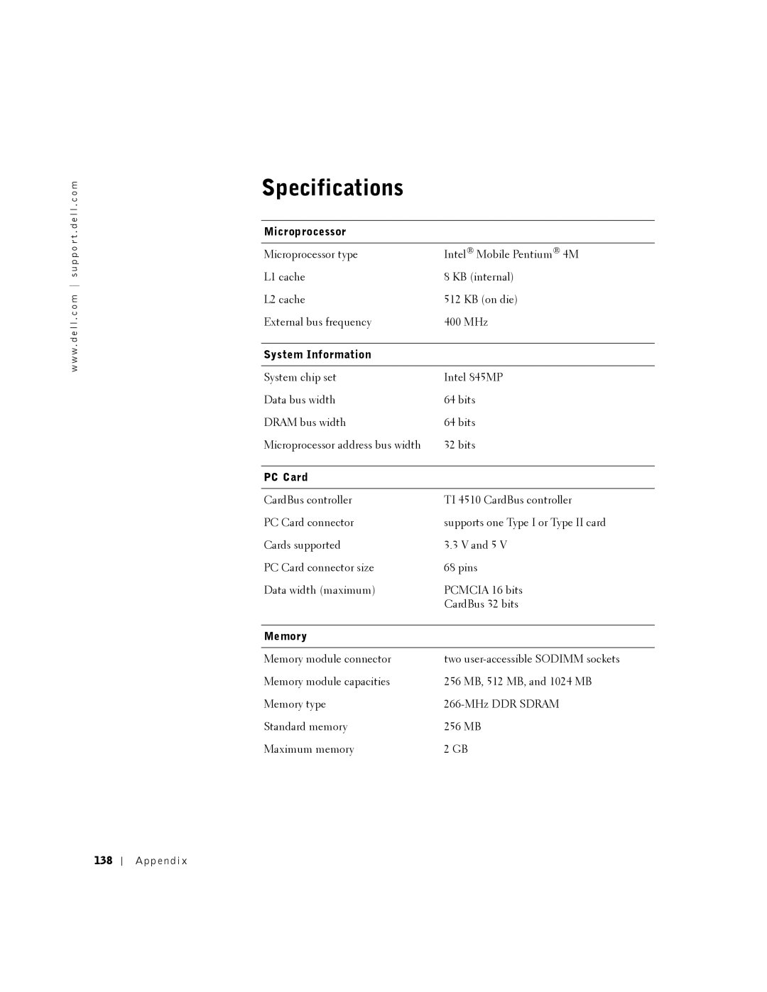 Dell 8500 manual Specifications, Microprocessor, System Information, PC Card, Memory 